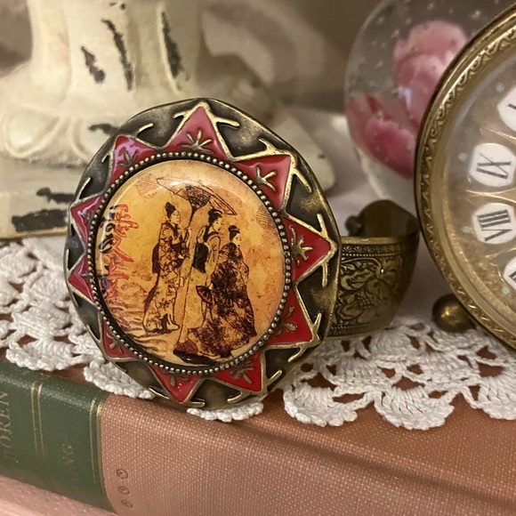 Vintage Antique? Brass Porcelain Asian Cuff Bracelet Floral etching Geisha Boho - Picture 1 of 10